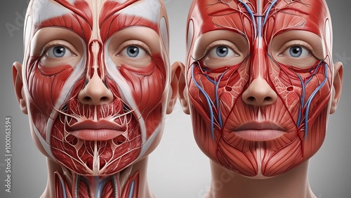 Scientific visualization of the human face, featuring exposed musculature and vascular networks beneath a transparent skin surface, anatomy and the interrelationship between facial structures photo