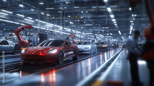 A large-scale view of a busy assembly line with modern cars moving swiftly along conveyor belts, as robotic arms and engineers work together to complete the vehicles.