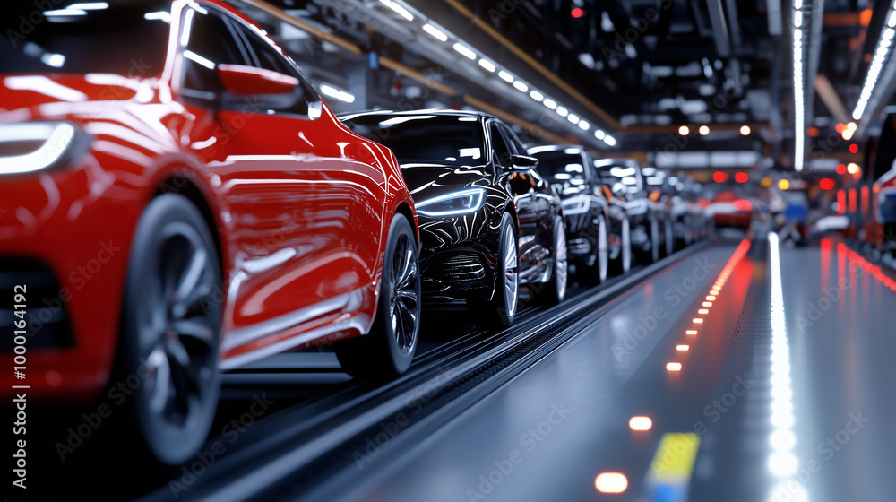 A row of modern cars on a conveyor belt in a busy factory, robotic arms attaching wheels and doors with precision, the factory floor alive with the hum of production. A row of modern cars on a conveyor belt in a busy factory, robotic arms attaching wheels and doors with precision, the factory floor alive with the hum of production.