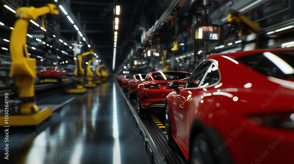 A side view of a busy automotive factory, where shiny new cars progress along a conveyor, robotic arms installing parts with perfect precision in a mass production environment. A side view of a busy automotive factory, where shiny new cars progress along a conveyor, robotic arms installing parts with perfect precision in a mass production environment.