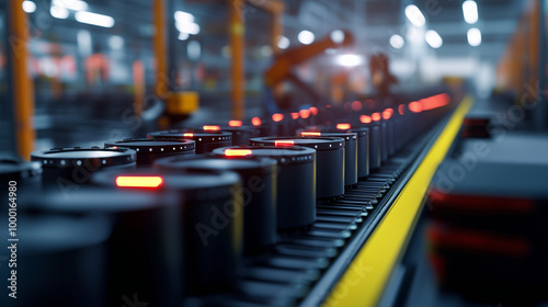 Wallpaper Mural Rows of cylindrical EV battery cells moving along a conveyor belt, with robotic arms working efficiently to install cooling systems and protective housings. Torontodigital.ca