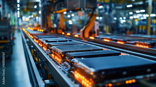 A conveyor belt carrying rows of EV battery cells through different stages of assembly, robotic systems meticulously handling the complex components.