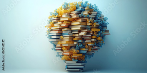 3D rendering of a pile of books in the shape of a light bulb on a white background, with a yellow and blue color palette, a minimal concept design, and copy space for an education or learning theme. 