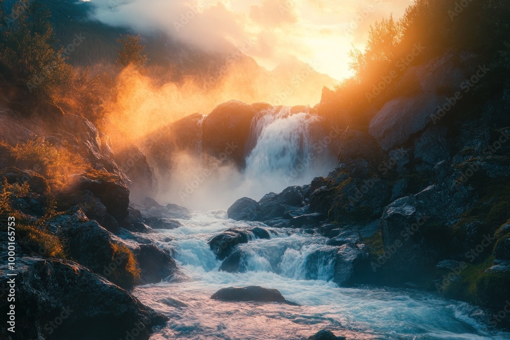 Fototapeta premium Majestic Waterfall Cascading Through Misty Mountain Landscape at Sunset