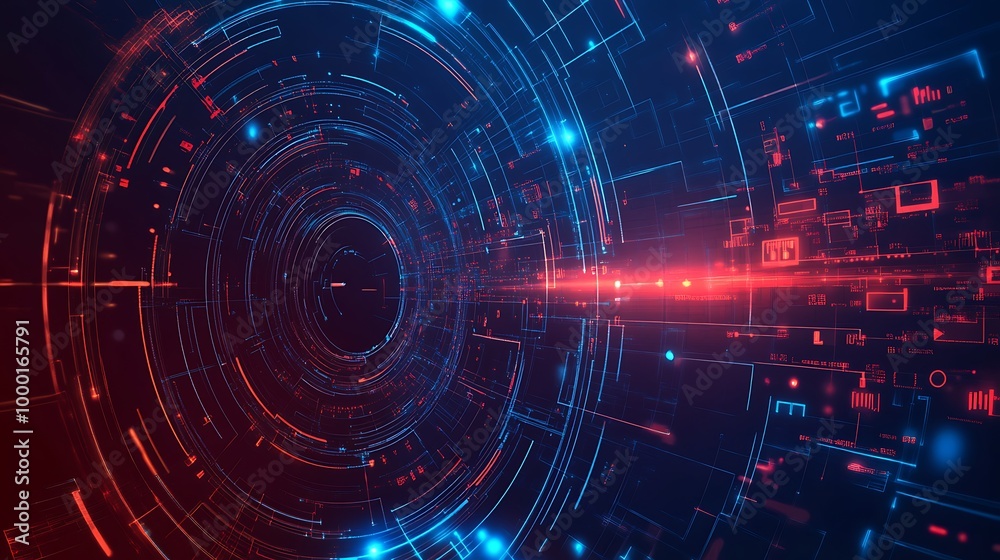 Abstract digital tunnel with red and blue glowing lines.