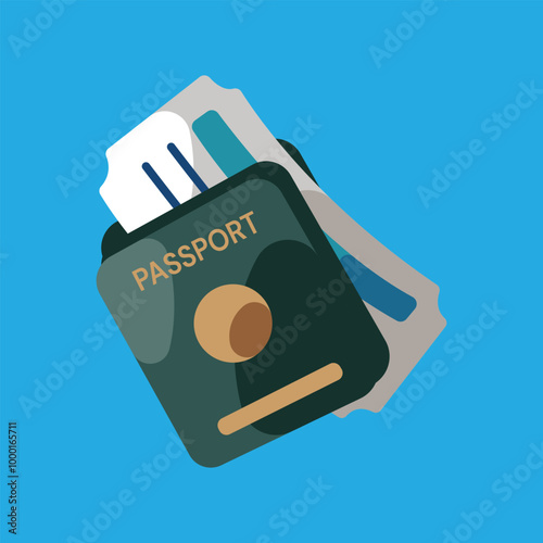 Illustration of passport with boarding pass on blue background.