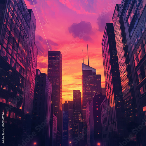 Vibrant Sunset Skyline of a Modern City with Tall Buildings
