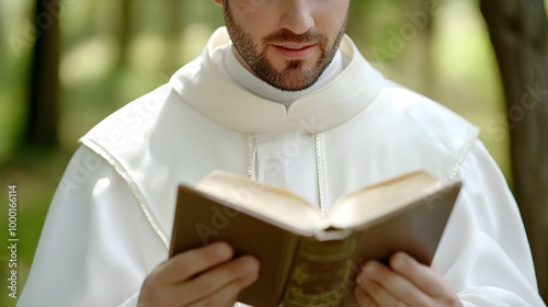 Priest Reading a Bible in Nature, Clergyman in White Robe Reading Scripture Outdoors
