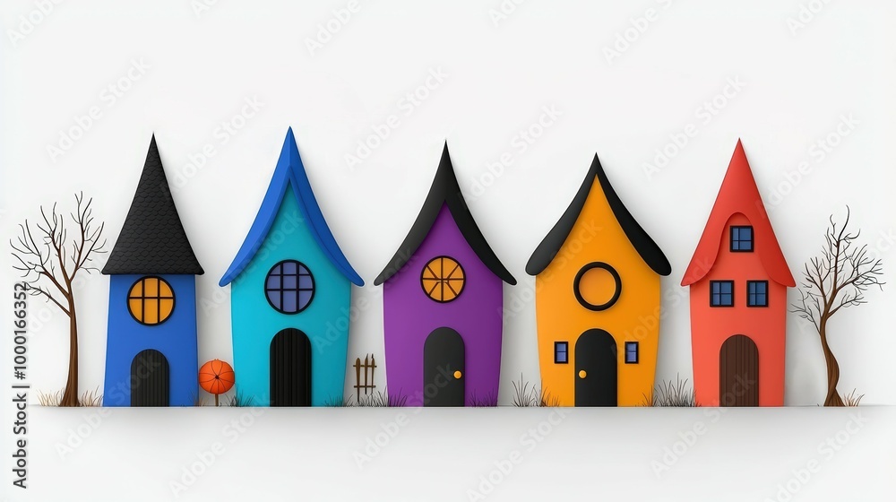 Obraz premium Colorful abstract houses with bats, white isolated background.