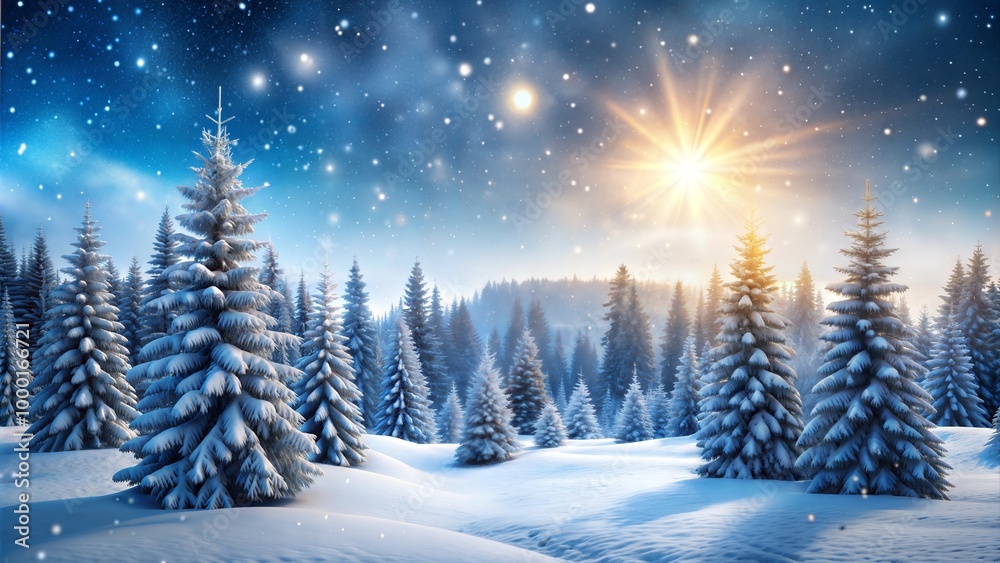 Drawing snowy winter landscape with pine trees and sunlight creating a magical scene Drawing snowy winter landscape with pine trees and sunlight creating a magical scene