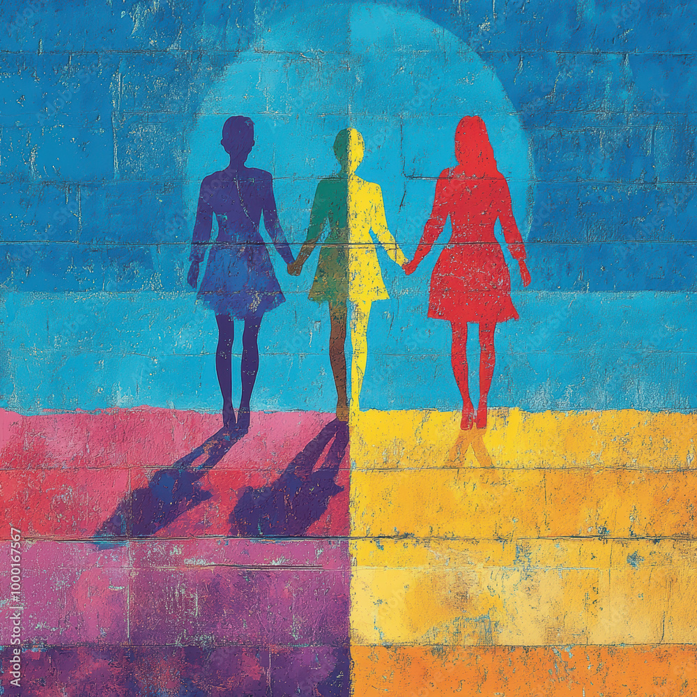Obraz premium Empowering mural depicting three women holding hands, symbolizing unity and gender equality. vibrant colors and shadows create striking visual impact