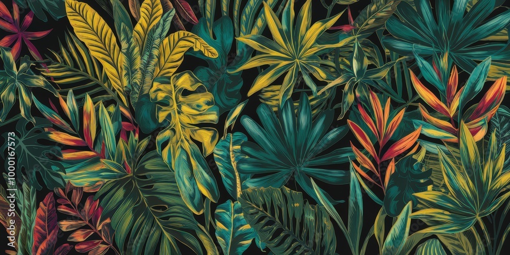 Detailed illustration of exotic jungle like scene with fan like and pointed leaves in vivid green, yellow, and red, capturing tropical rainforest essence. Detailed illustration of exotic jungle like scene with fan like and pointed leaves in vivid green, yellow, and red, capturing tropical rainforest essence.