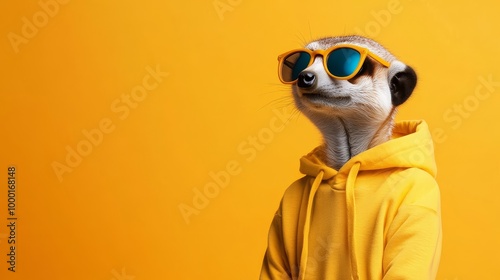 A meerkat wearing sunglasses and a yellow hoodie, looking cool and confident against a yellow background. This image embodies fun, fashion, and the unexpected. photo