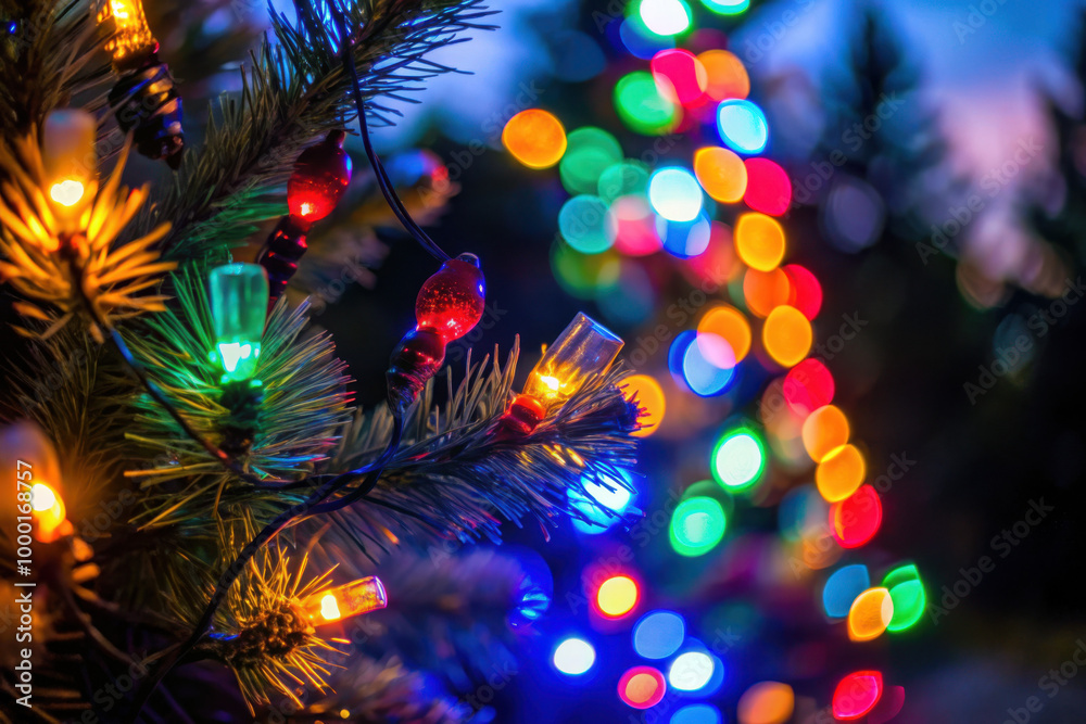 Colorful lights twinkling on a Christmas tree in a festive outdoor setting at twilight with blurred background decorations. Generative AI Colorful lights twinkling on a Christmas tree in a festive outdoor setting at twilight with blurred background decorations. Generative AI