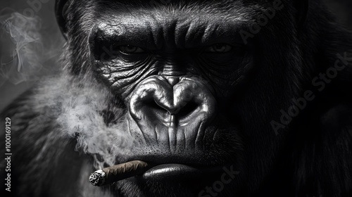 Gorilla Monkey Smoking, Black and White, Abstract Image, Texture, Pattern Background, Wallpaper, Cover and Screen for Smartphone, PC, Laptop, 9:16 and 16:9 Format