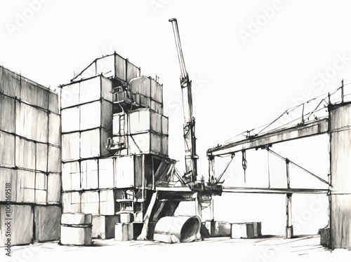 construction site with crane sketch