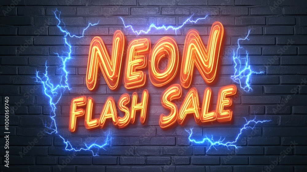 Neon flash sale sign with electric blue lighting on brick wall for promotional design Neon flash sale sign with electric blue lighting on brick wall for promotional design