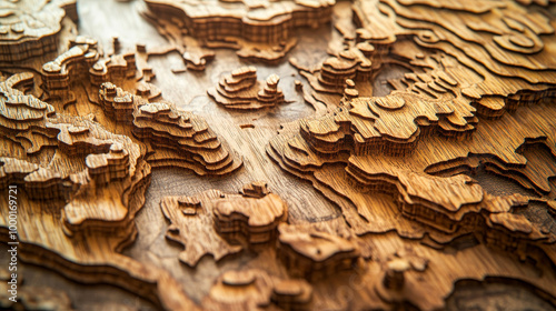 A finely crafted wooden map featuring intricate grooves and contours, showcasing detailed topographical design. natural wood texture adds warmth and character to piece, making it unique decorative ite photo