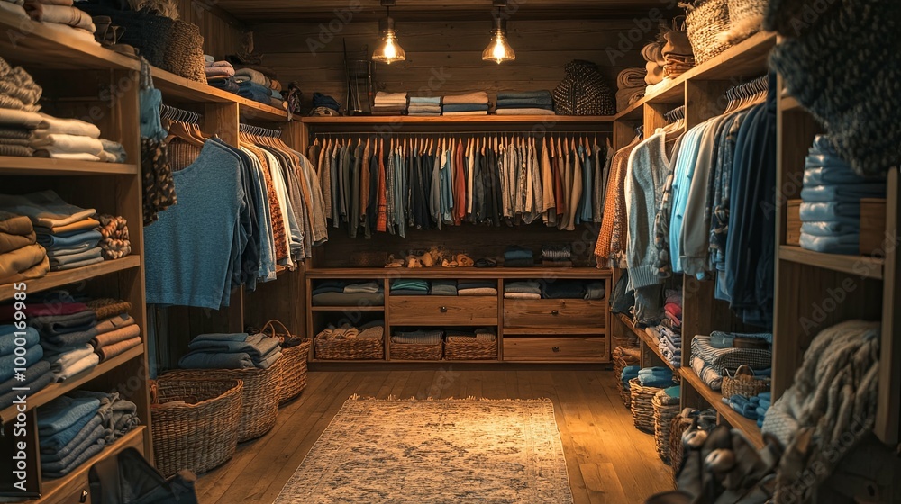 A Rustic Wooden Closet Filled with Folded and Hanging Clothes A Rustic Wooden Closet Filled with Folded and Hanging Clothes