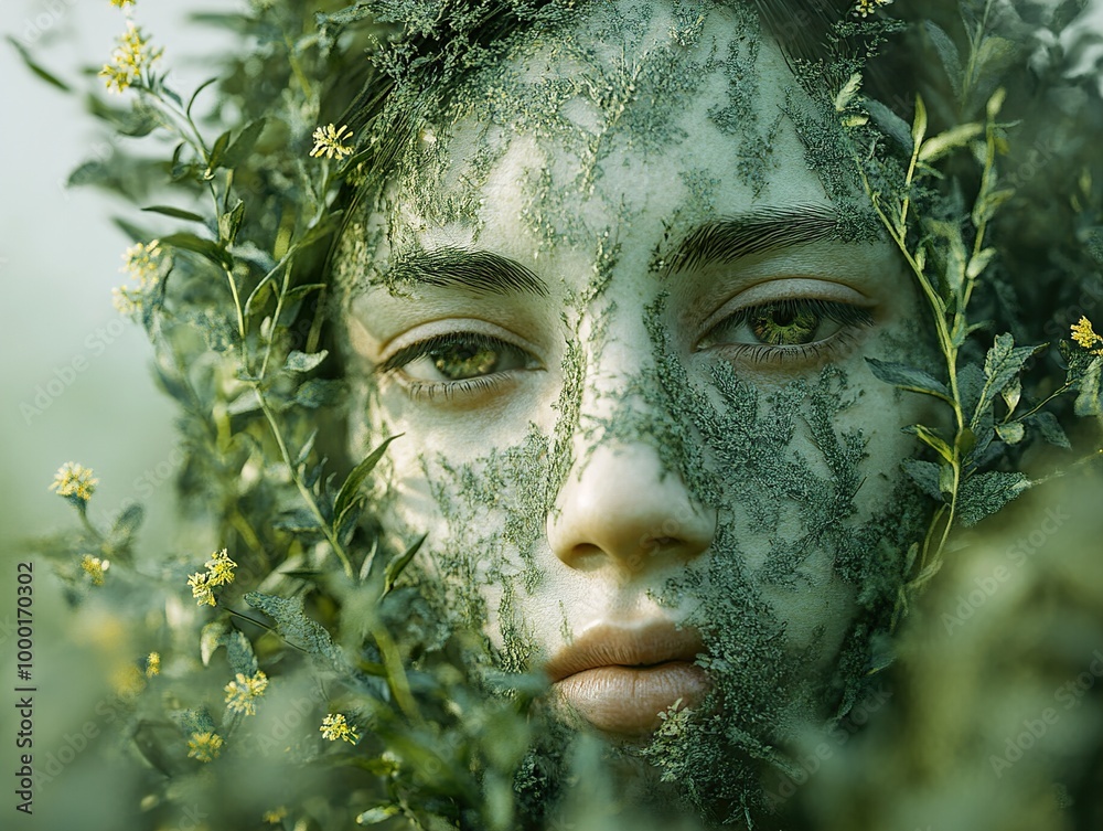 Woman's Face Covered in Green Leaves and Flowers - Nature Portrait Woman's Face Covered in Green Leaves and Flowers - Nature Portrait