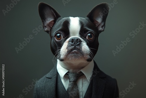 A stylish Boston Terrier dressed in a formal suit, showcasing a playful yet sophisticated personality. photo