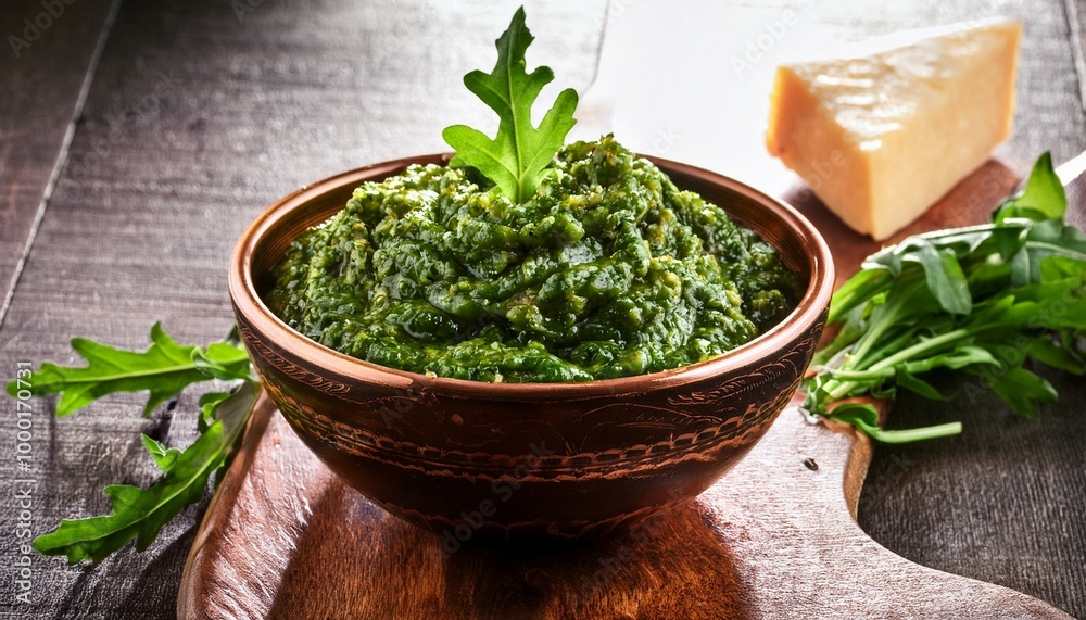 Arugula pesto in a rustc bowl Arugula pesto in a rustc bowl