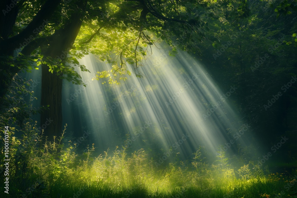 A tree is in the foreground of a lush green field. The sun is shining brightly, casting a warm glow on the grass. The scene is peaceful and serene A tree is in the foreground of a lush green field. The sun is shining brightly, casting a warm glow on the grass. The scene is peaceful and serene