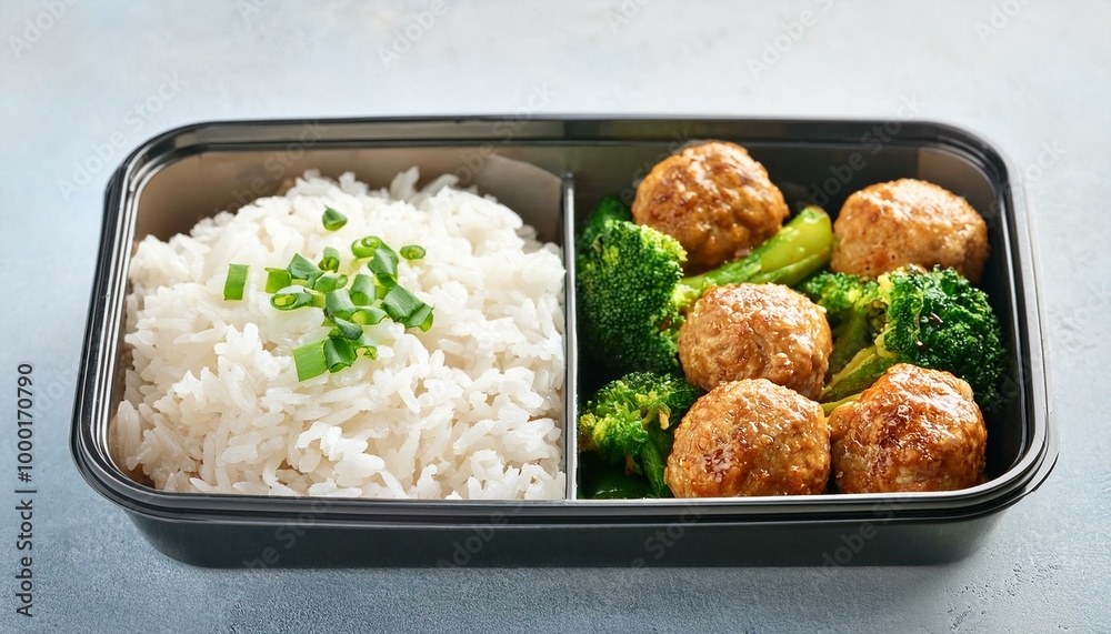 Asian style chicken meat balls with broccoli and rice in a take away lunch boxes