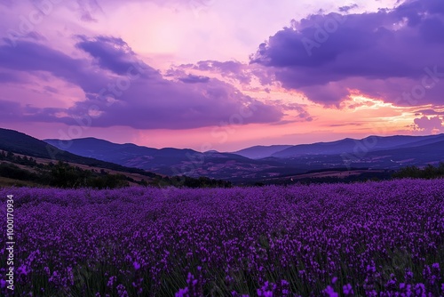 A purple field with a beautiful sunset in the background. The sky is filled with clouds, creating a serene and peaceful atmosphere