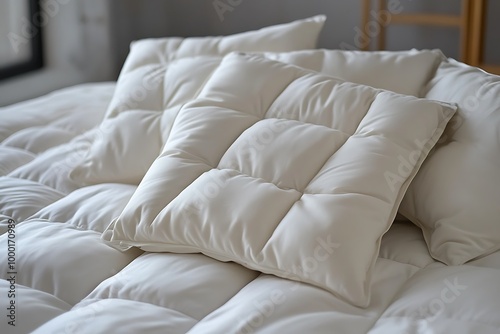 A cozy arrangement of plush, cream-colored pillows on a soft bedding surface.