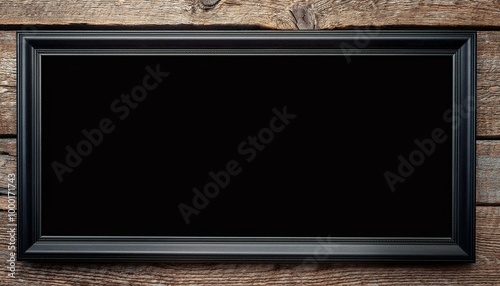 Blank black picture frame on the grunge wood texture. background