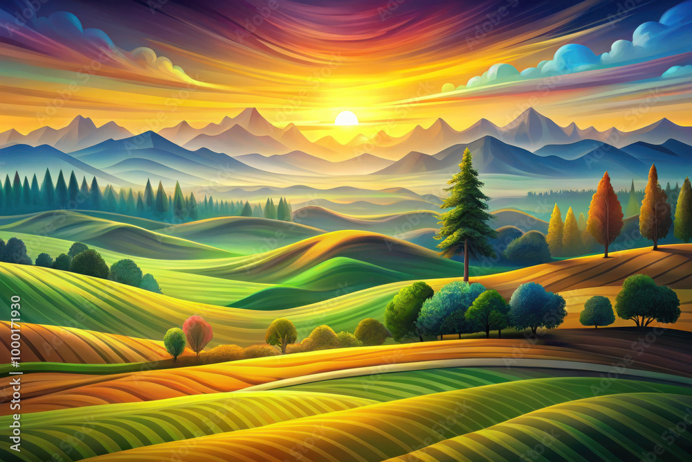 Fototapeta premium A vibrant sunrise casts golden hues over rolling hills and lush valleys, creating a breathtaking landscape at dawn. Generative AI