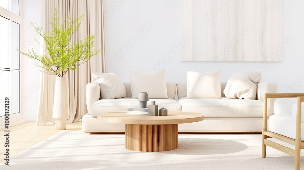 Sofa in modern living room interior bright space with wooden table and decorative plant Sofa in modern living room interior bright space with wooden table and decorative plant