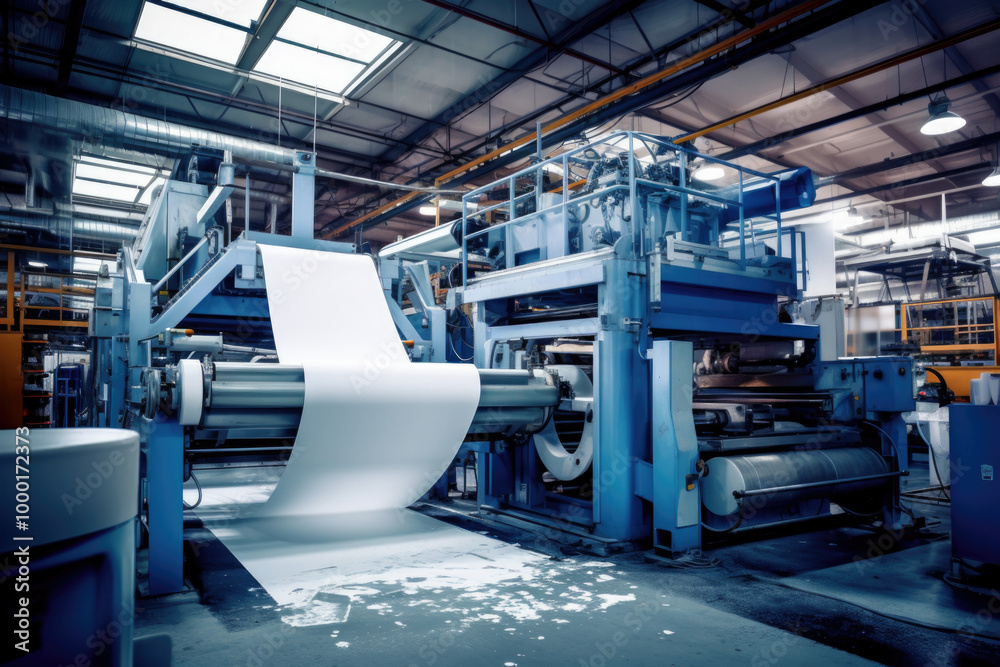 Fototapeta premium In a factory setting, a large roll of paper is currently being efficiently rolled onto a machine that is designed for this purpose