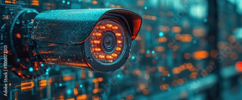 sleek digital security camera mounted against a technologythemed backdrop featuring soft gradients and circuit patterns emphasizing modern surveillance solutions in a digital age photo