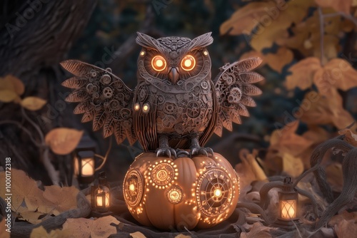 Steampunk Owl on Jack-o'-Lantern: A majestic steampunk owl, adorned with intricate gears and glowing lights, perches atop a carved jack-o'-lantern in a mystical forest setting. photo