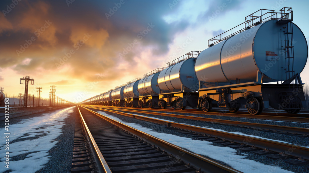 A beautiful train is presently on the railway tracks, and there is a stunning sunset painting the sky in the background A beautiful train is presently on the railway tracks, and there is a stunning sunset painting the sky in the background