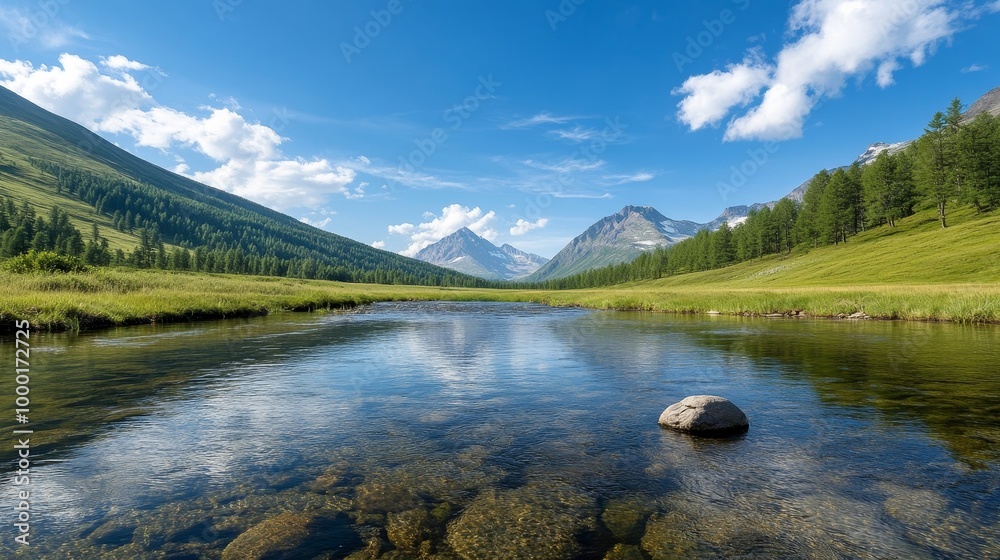 A tranquil river meanders through a lush valley, framed by majestic mountains, symbolizing peace, nature, exploration, adventure, and serenity. A tranquil river meanders through a lush valley, framed by majestic mountains, symbolizing peace, nature, exploration, adventure, and serenity.
