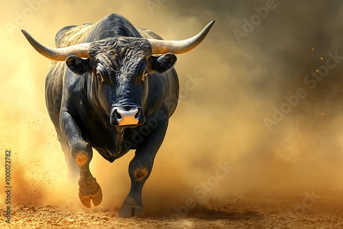 A powerful bull charging through a dusty landscape, showcasing strength and vitality.