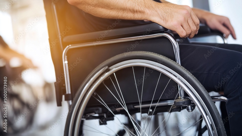 A person using a wheelchair moves through a bright, contemporary environment, showcasing the importance of accessibility and mobility in everyday life A person using a wheelchair moves through a bright, contemporary environment, showcasing the importance of accessibility and mobility in everyday life