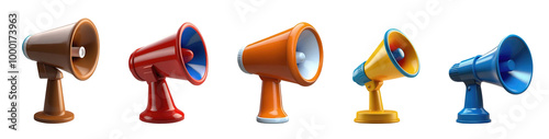 Set of various announcement megaphones for communication in different colours isolated on transparent background, 3d illustration. Generative AI