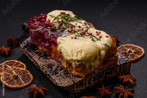 Delicious sweet brioche sandwich with raspberry jam and ricotta cream photo