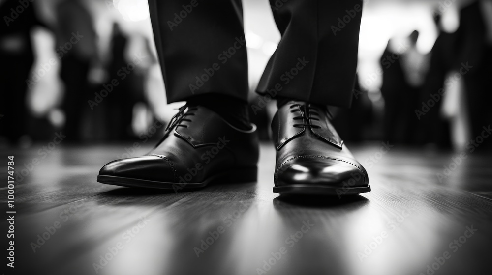 A black and white photo of a man's shoes on the floor A black and white photo of a man's shoes on the floor