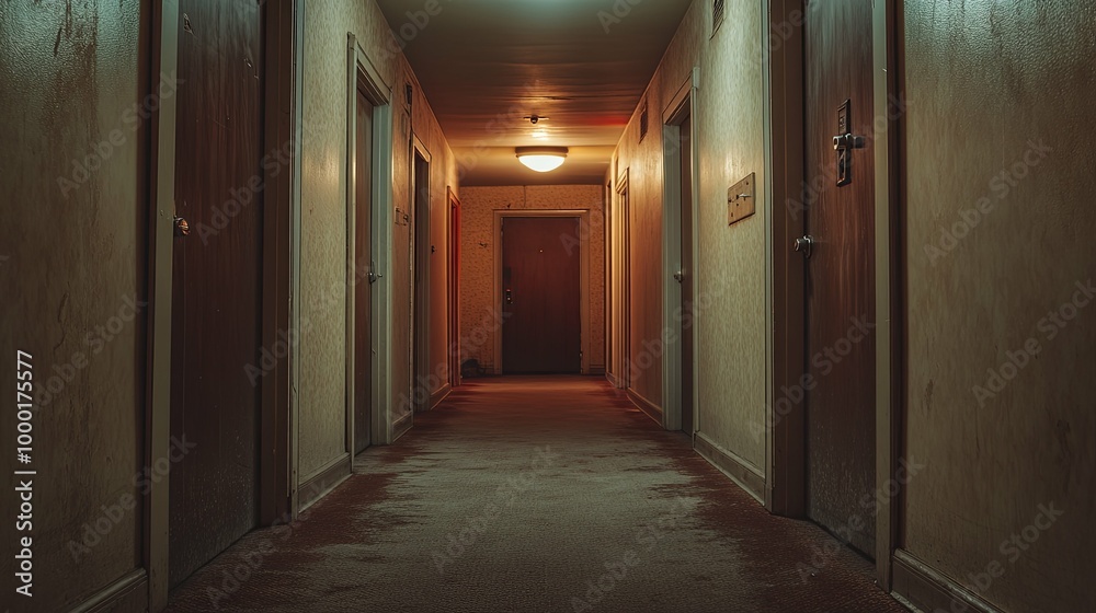 A Dimly Lit Hallway with Multiple Doors A Dimly Lit Hallway with Multiple Doors