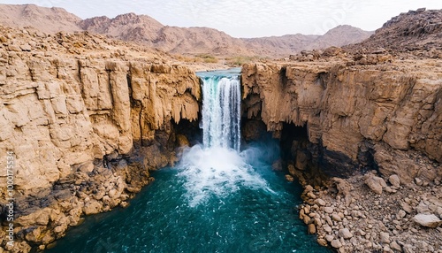 Fototapeta Naklejka Na Ścianę i Meble -  Massive waterfall crashing into a rocky pool in a desert wilderness, surrounded by arid cliffs and sparse vegetation Waterfall plunge wilderness, Desert oasis adventure