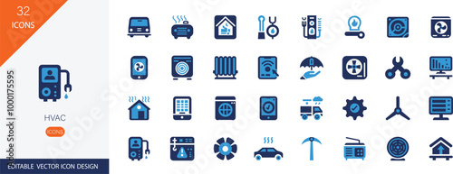 HVAC icon set. Containing ventilation, cold, conditioner, air, hot, temperature, refrigerant, fan and more illustration.
