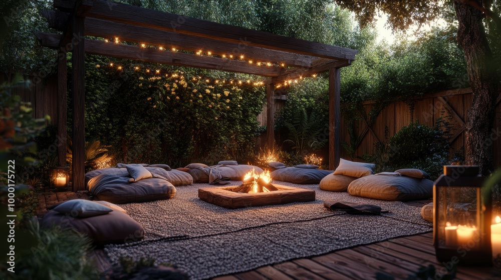 Fototapeta premium cozy outdoor gathering space featuring warm fire pit surrounded by soft cushions and ambient lighting. This serene setting invites relaxation and connection with nature