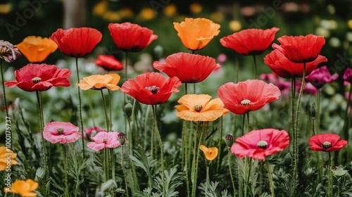 A colorful display of blooming poppy flowers showcases shades of red and orange in a lush garden. The flowers stand tall amidst green foliage, creating a lively spring atmosphere