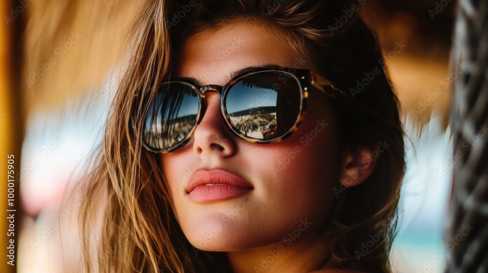 A young woman enjoys a sunny day at the beach, wearing fashionable sunglasses that reflect the vibrant ocean. Her relaxed pose captures the essence of a carefree summer A young woman enjoys a sunny day at the beach, wearing fashionable sunglasses that reflect the vibrant ocean. Her relaxed pose captures the essence of a carefree summer