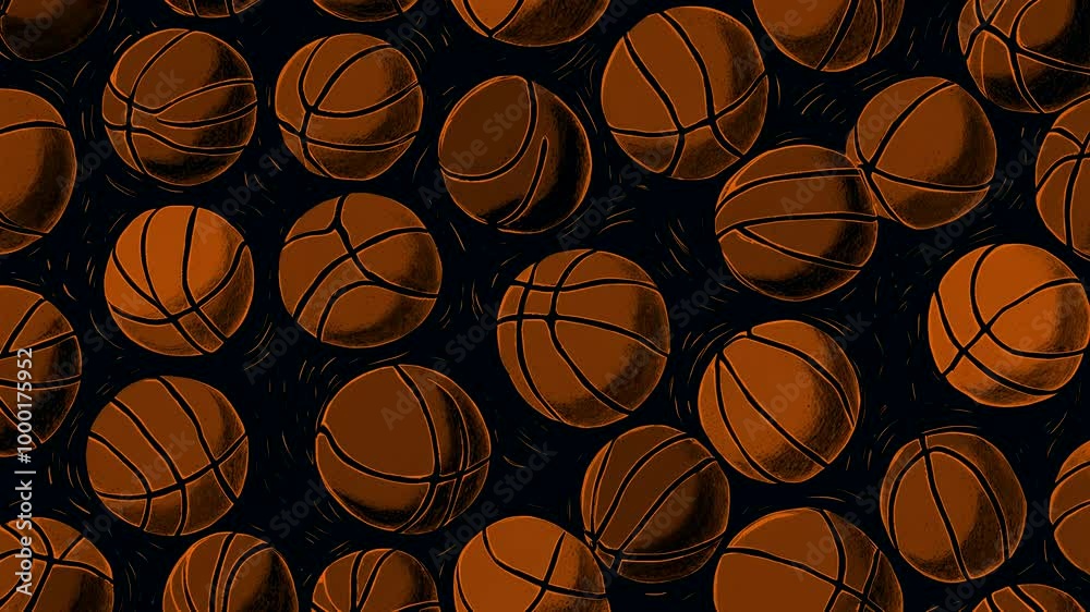Stop motion loop hand drawn animation, black background with multicolored basketball balls in different sizes
